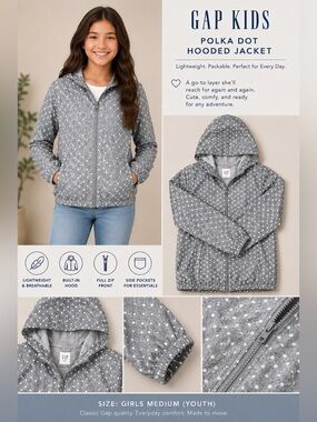 GAP Gray Hooded Windbreaker with White Polka Dot Print